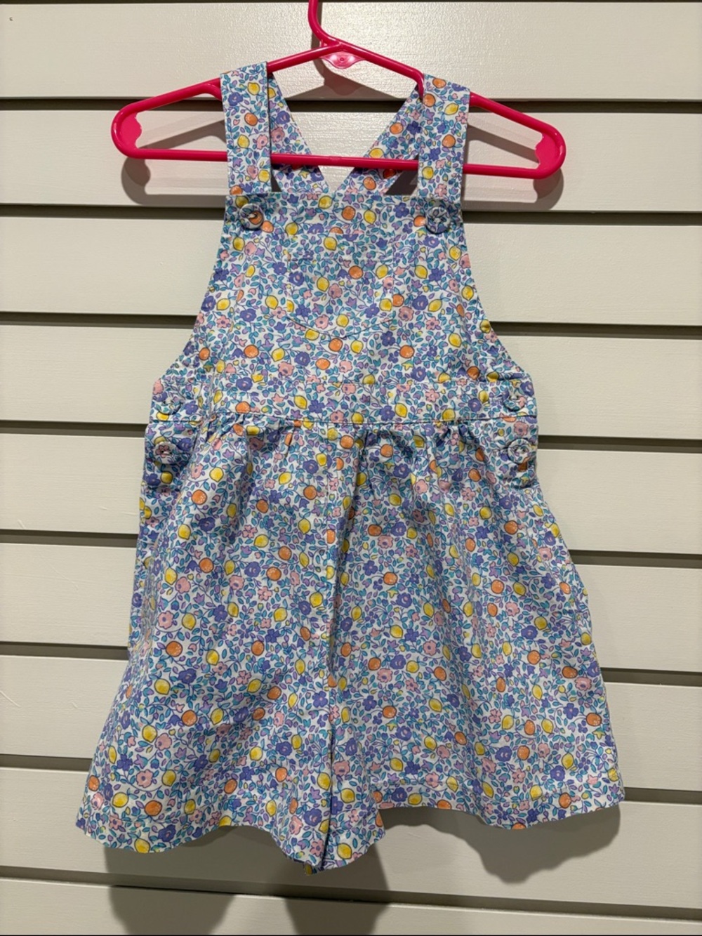 JoJo Maman Bébé Floral Pinafore overall - Pastel Oranges and Lemon Multi print